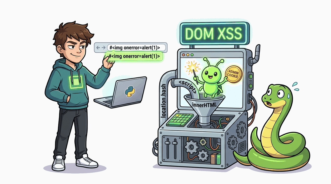 Обложка лабы: DOM XSS через location.hash и innerHTML